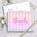 Sweet 16 birthday rainbow ombre glitter thank you postcard<br><div class="desc">A fun, sparkly way for the birthday girl to show her appreciation to all who supported her milestone event! Send out this stunning, modern, tiny sparkly turquoise blue faux glitter confetti dots and pink yellow orange ombre typography script against a light pink and rainbow ombre glitter striped background, custom thank...</div>