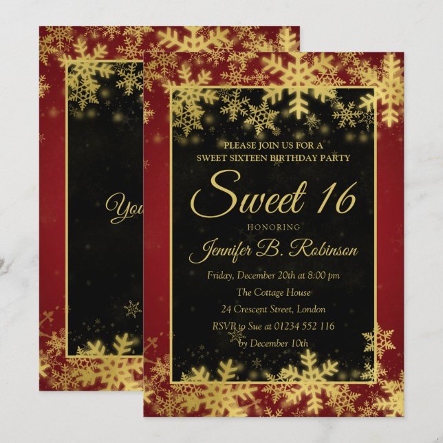 Sweet 16 Birthday Red & Gold Foil Snowflakes Invitation (Front/Back)