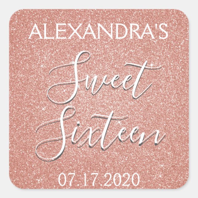 Sweet 16 Birthday Rose Gold Blush Pink Glitter Square Sticker (Front)
