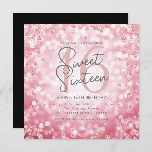 Sweet 16 Birthday Rose Gold Chic Glitter Lights Invitation (Front/Back)