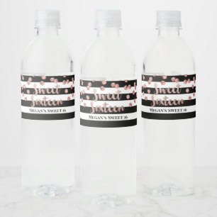 Sweet 16 Birthday Rose Gold Confetti Black Stripes Water Bottle Label