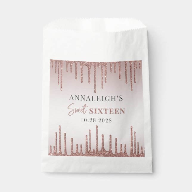 Sweet 16 Birthday Rose Gold Glitter Drip Favour Bag (Front)