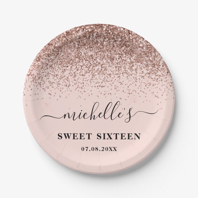 Sweet 16 Birthday Rose Gold Glitter Sparkle Name Paper Plate (Front)