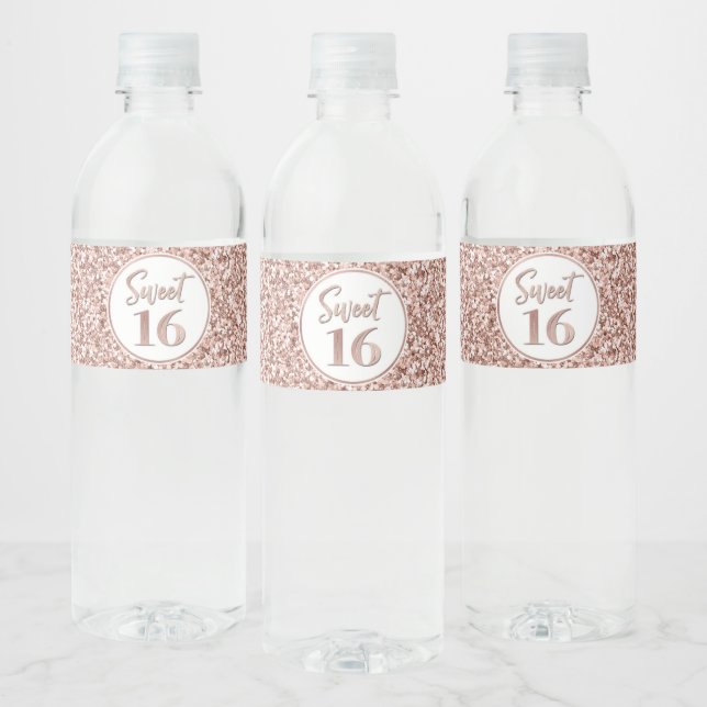 Sweet 16 Birthday Rose Gold Glitter Water Bottle Label (Bottles)
