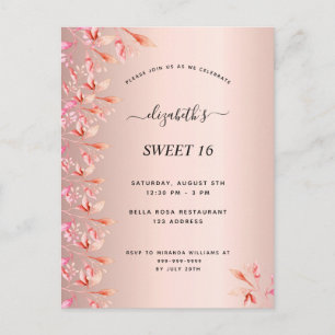 Sweet 16 birthday rose gold pink floral invitation postcard
