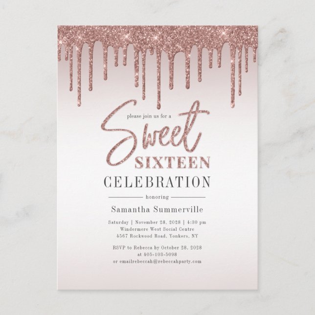 Sweet 16 Birthday Rose Gold Script Party Invitation Postcard (Front)