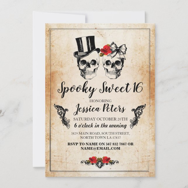Sweet 16 Birthday Rose Skulls Halloween Invite (Front)