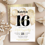 Sweet 16 Birthday Script Balloons White Real Gold<br><div class="desc">“Happy Sweet 16”. Send out this stunning, simple, festive, modern, personalized real gold foil party invitation for an event to remember. Bold, graphic, black typography and real gold foil handwritten script overlay faux gold balloons and faux gold sparkly string lights on a sophisticated, white background. Personalize the custom text with...</div>