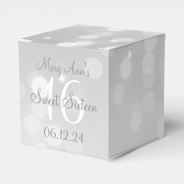 Sweet 16 Birthday Silver Bokeh Sparkle Light Favor Box (Front Side)