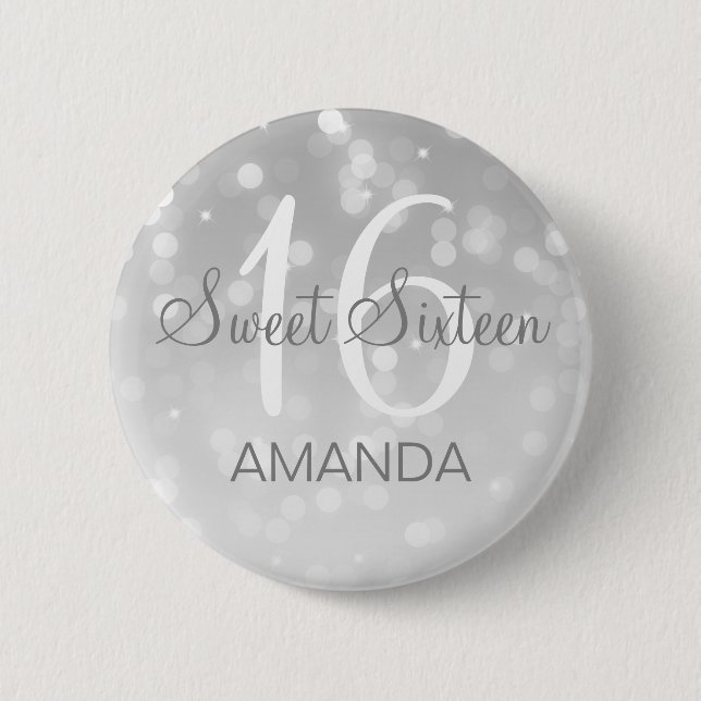 Sweet 16 Birthday Silver Bokeh Sparkle Lights 2 Inch Round Button (Front)