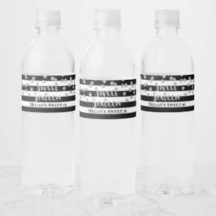 Sweet 16 Birthday Silver Confetti Black Stripes Water Bottle Label