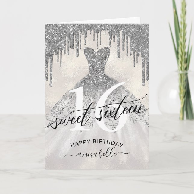 Sweet 16 Birthday Silver Glitter Drips Card (Front)