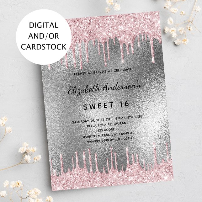 Sweet 16 birthday silver glitter drips metal pink invitation (Creator Uploaded)