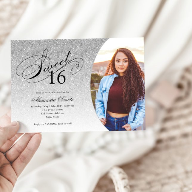 Sweet 16 Birthday Silver Glitter Glam Photo  Invitation (Creator Uploaded)