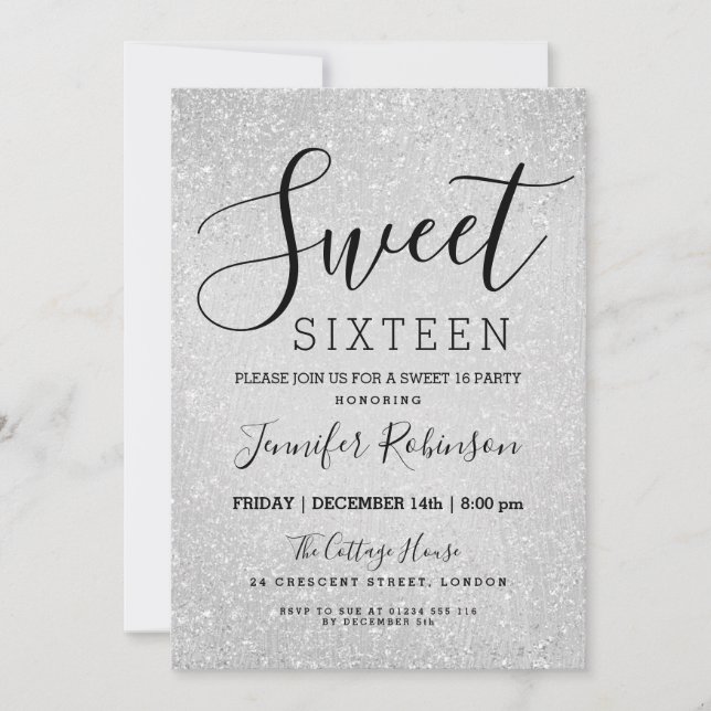 Sweet 16 Birthday Silver Glitter Look Paint Invitation (Front)