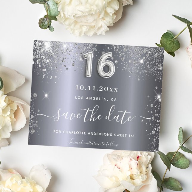Sweet 16 birthday silver glitter save the date (Creator Uploaded)
