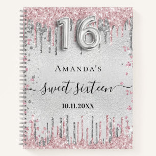 Sweet 16 birthday silver pink glitter guest book