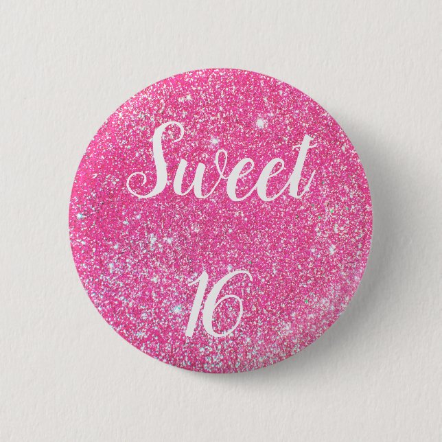 SWEET 16 Birthday Sparkle Hot Pink Glitter 2 Inch Round Button (Front)