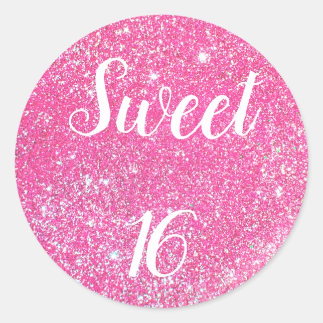 SWEET 16 Birthday Sparkle Hot Pink Glitter Classic Round Sticker (Front)