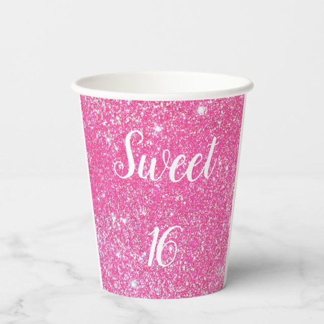 SWEET 16 Birthday Sparkle Hot Pink Glitter Paper Cups (Back)