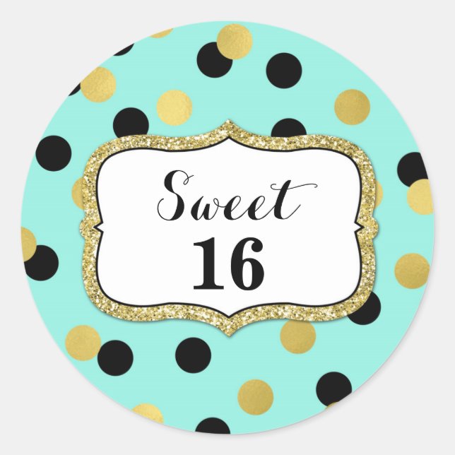 Sweet 16 Birthday Teal Black Gold Confetti Classic Round Sticker (Front)