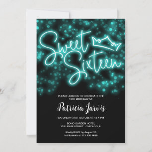Sweet 16 Birthday Teal Neon Glow Dark Party Invitation
