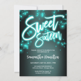 Sweet 16 Birthday Teal Neon Glow Dark Party Invitation