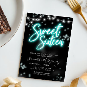 Sweet 16 Birthday Teal Neon Glow Dark Party Invitation