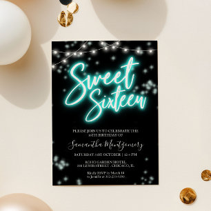 Sweet 16 Birthday Teal Neon Glow Dark Party Invitation