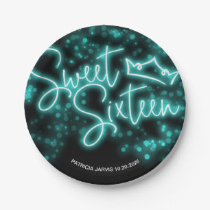 Sweet 16 Birthday Teal Neon Glow Dark Party Paper Plate
