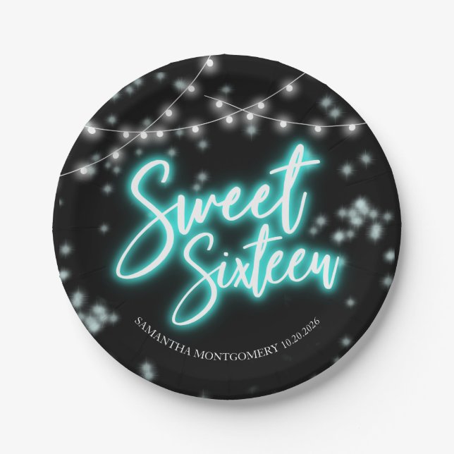 Sweet 16 Birthday Teal Neon Glow Dark Party Paper Plate (Front)