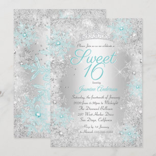 Sweet 16 Birthday Teal Silver Winter Wonderland Invitation