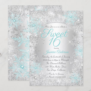 Sweet 16 Birthday Teal Silver Winter Wonderland Invitation