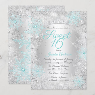 Sweet 16 Birthday Teal Silver Winter Wonderland Invitation