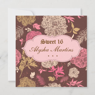 Sweet 16 Birthday Vintage Floral Pink Brown Invitation