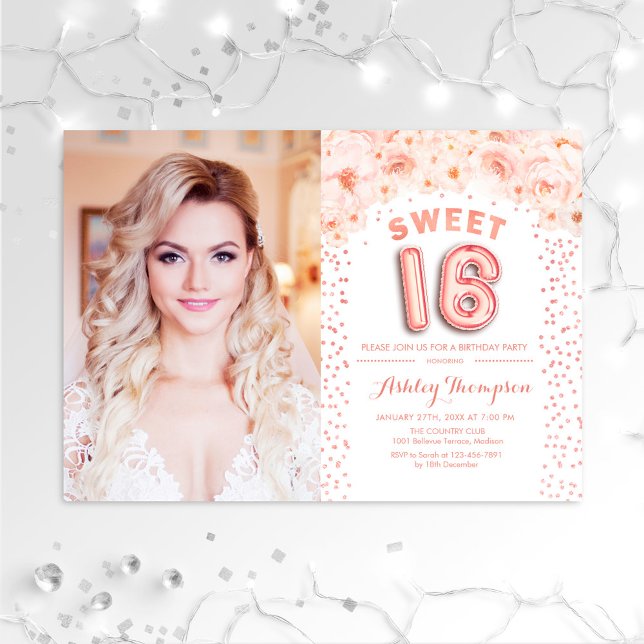 Sweet 16 Birthday With Photo - Rose Gold Floral Invitation (Creator Uploaded)