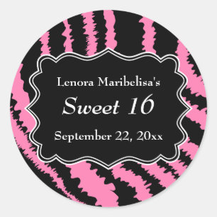 Sweet 16 Black and Pink Zebra Pattern Classic Round Sticker