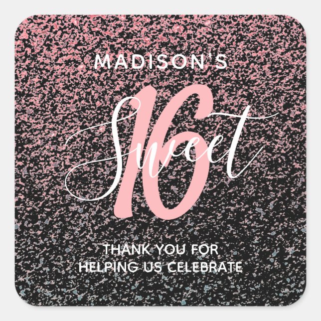 Sweet 16 Black Blush Pink Glitter Thank You Name Square Sticker (Front)
