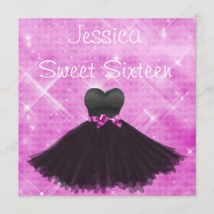 Sweet 16 Black Dress Pink Silver Glitter Birthday Invitation