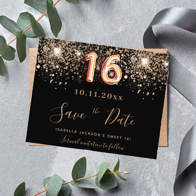 Sweet 16 black glitter budget save the date flyer (Creator Uploaded)