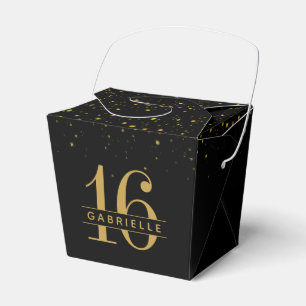 Sweet 16 Black Gold Confetti Personalized Takeout Favor Box
