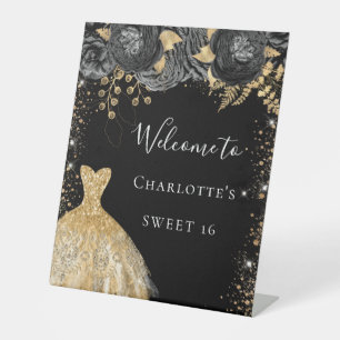 Sweet 16 black gold dress floral welcome pedestal sign
