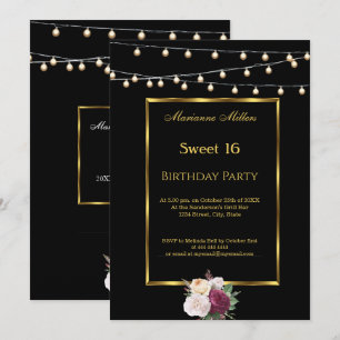 Sweet 16 Black Gold Fairy Lights Roses Invitation