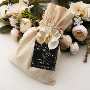 Sweet 16 black gold glitter balloon thank you gift tags
