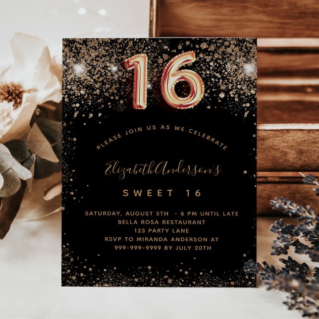 Sweet 16 black gold glitter budget invitation flyer (Creator Uploaded)