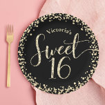 Sweet 16 Black Gold Glitter Confetti Chic Birthday Paper Plate<br><div class="desc">“Happy Sweet 16”. Celebrate her birthday with this fun, stunning, simple, personalized paper plate. Gold glitter script typography and confetti overlay a black background. Personalize the custom text with your daughter’s name. Your choice of 2 sizes: 7” or 9”. Great for the budding fashionista who loves modern glitter and glam...</div>