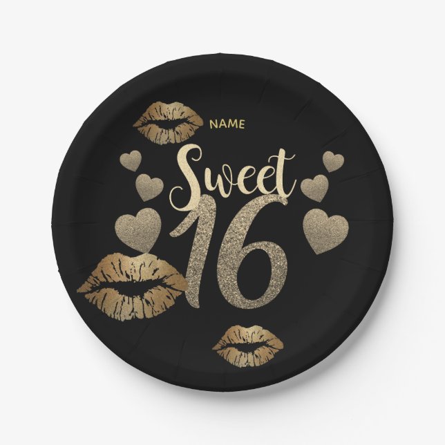 Sweet 16 Black Gold Glitter Personalized Paper Plate (Front)