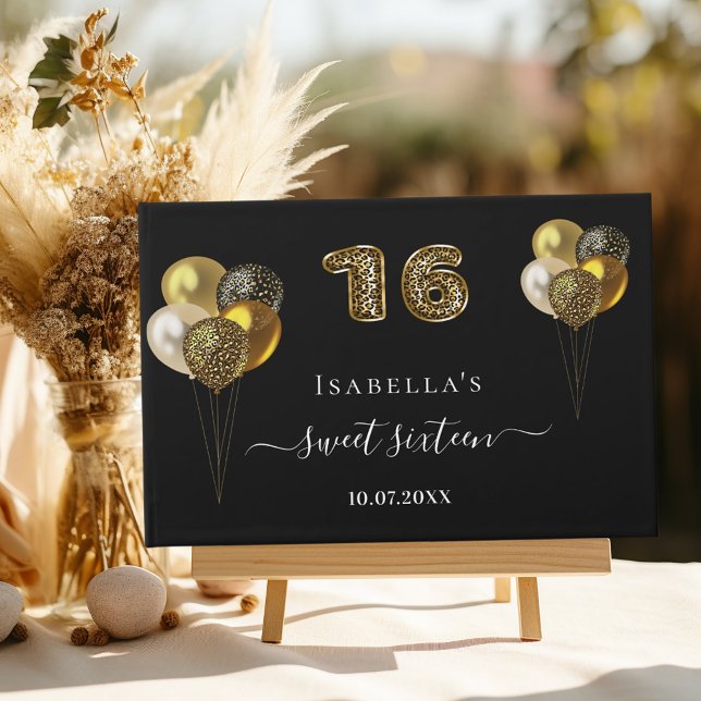 Sweet 16 black gold leopard print balloons guest book (Creator Uploaded)