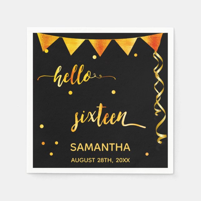 Sweet 16 black gold name party napkin (Front)