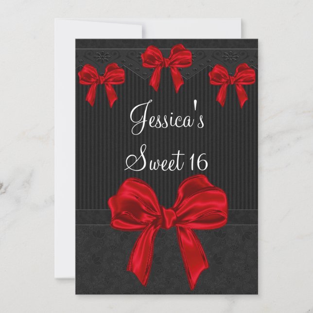 Sweet 16 Black Grey Flowers Red Bows Birthday 3 Invitation (Front)